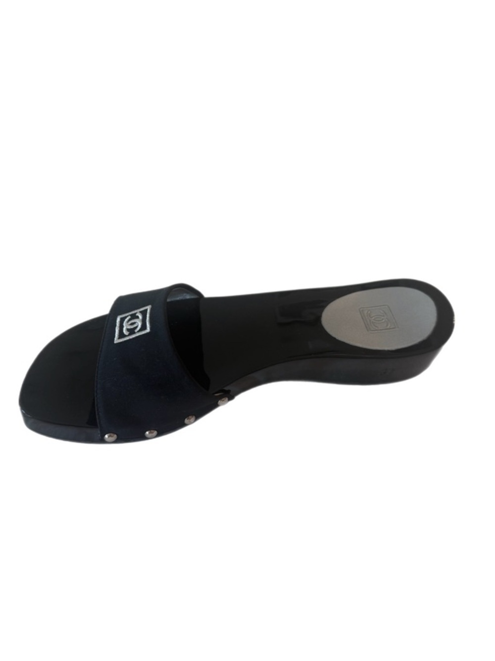Chanel CC Logo Mules (Size 37) Black Wood Sole Authentic - Picture 2 of 8